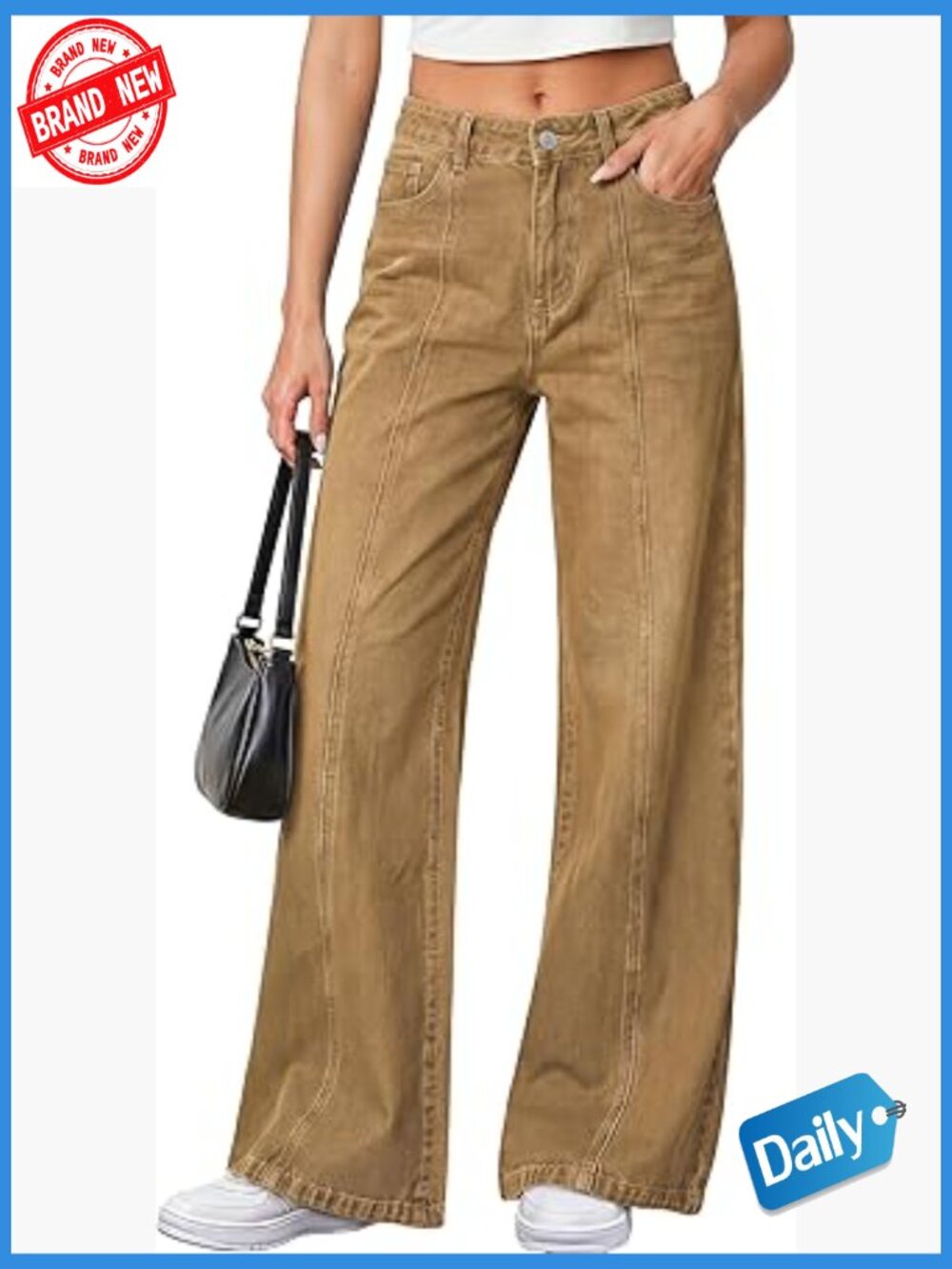 High Waisted Wide Leg Denim Palazzo Pants with Seam Front